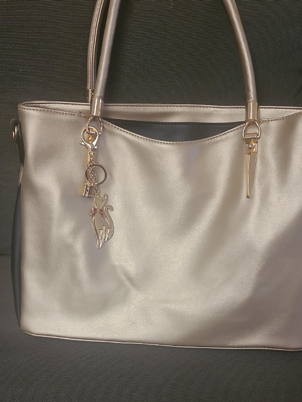 Metallic Champagne Tote with Cat Charm Accent
